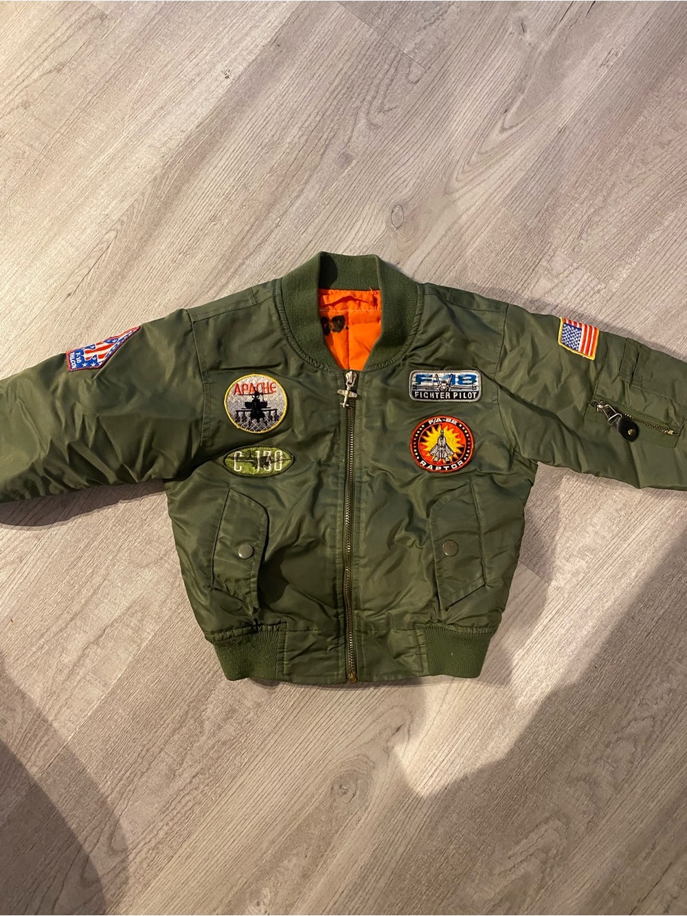 Vintage Kids Olive Green Bomber Jacket with Patches
